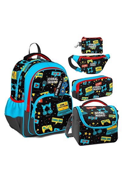 Coral High Μαύρο μπλε σετ τσάντας πέντε τεμαχίων με μοτίβο Gamer για αγόρια -...