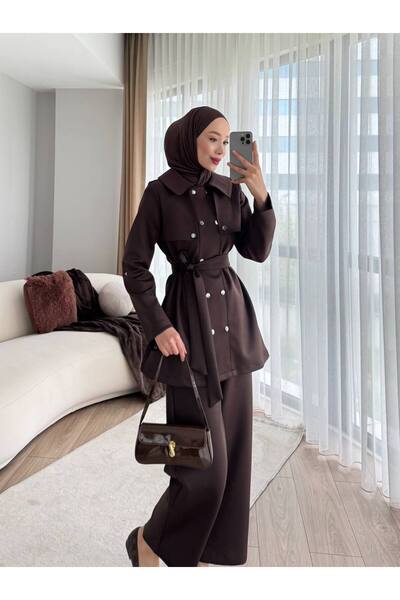 Molly Nelly Γυναικείο Σετ Παντελόνι με Ζώνη και Κουμπωτό Κλείσιμο