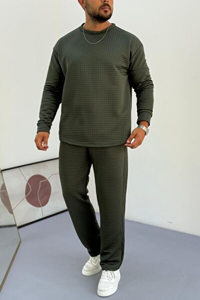 Know Erkek Yeşil Bisiklet Yaka Kapitone Desenli Waffle Kumaş Alt-Üst Takım