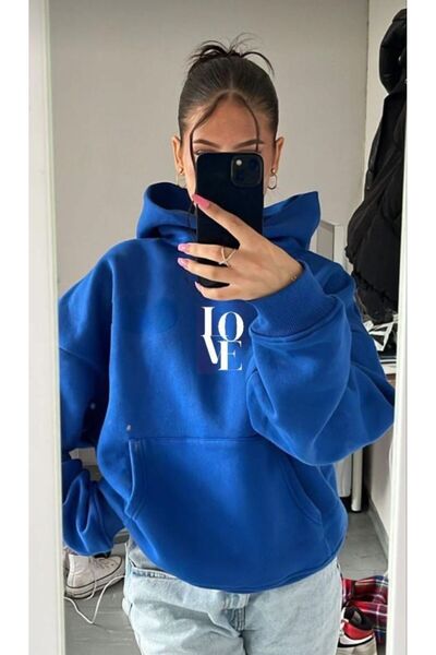 Jooy الحب مطبوع أزرق بلون الكوبالت سويت شيرت أزرق بغطاء رأس