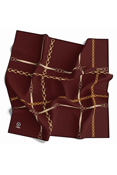 VİOLLA Soft Zincir Desenli Bordo Renkli 90x90 Eşarp (İpek İçermez) Kenar Diki...