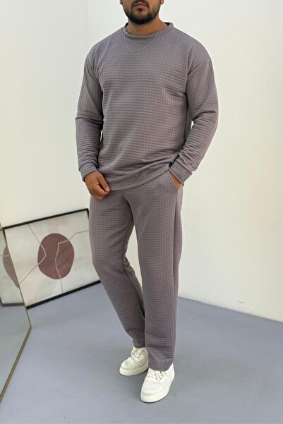 Trendseninle Erkek Füme Bisiklet Yaka Kapitone Desenli Waffle Kumaş Alt-Üst T...