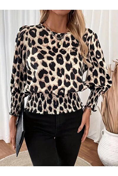 JANES Women's Long Sleeve Crew Neck Leopard Print Modal Blouse