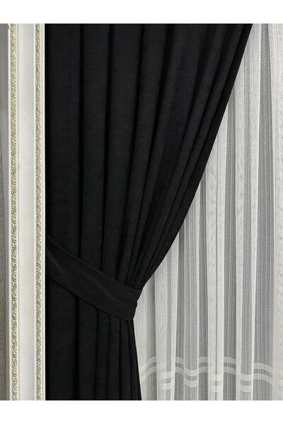 MERYKAR HOME COLLECTİON 1.Kalite SİYAH Ada Fon Perde-1/2 Seyrek Pile-Tek Kanat