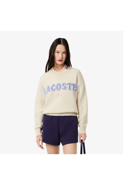 Lacoste Kadın Classic Fit Bisiklet Yaka Baskılı Yün Krem Kazak