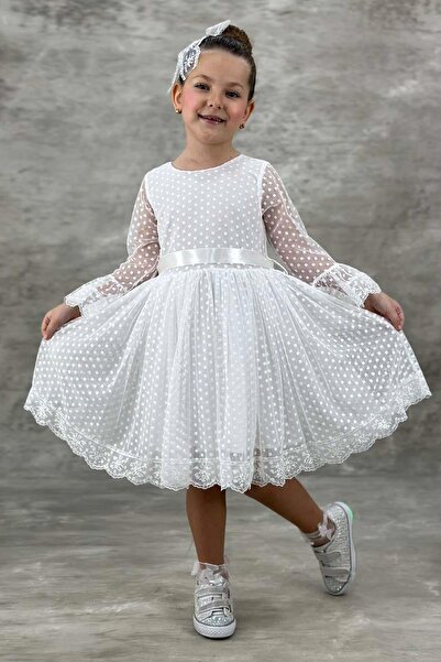 Riccotarz Girls' Polka Dot Detailed Princess White Dress with Transparent Tulle Sleeves