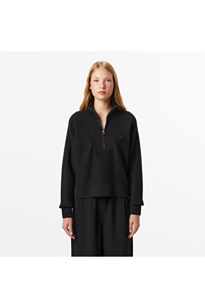 Lacoste Kadın Classic Fit Yarım Fermuarlı Siyah Kazak