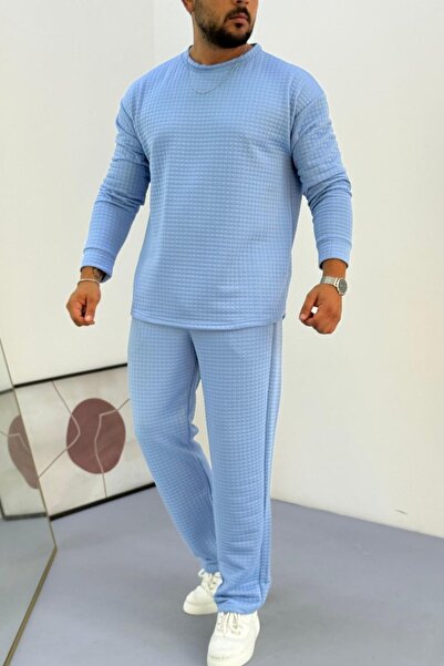 Know Erkek Bebe Mavi Bisiklet Yaka Kapitone Desenli Waffle Kumaş Alt-Üst Takım