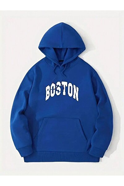 Jooy بوسطن مطبوع أزرق بلون الكوبالت سويت شيرت أزرق بغطاء رأس