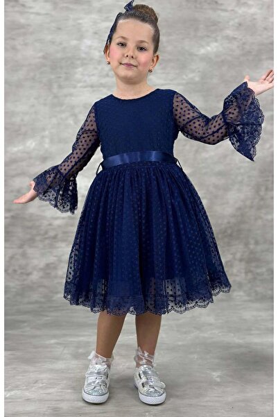 Riccotarz Girl's Polka Dot Detailed Princess Navy Blue Dress with Transparent Tulle Sleeves
