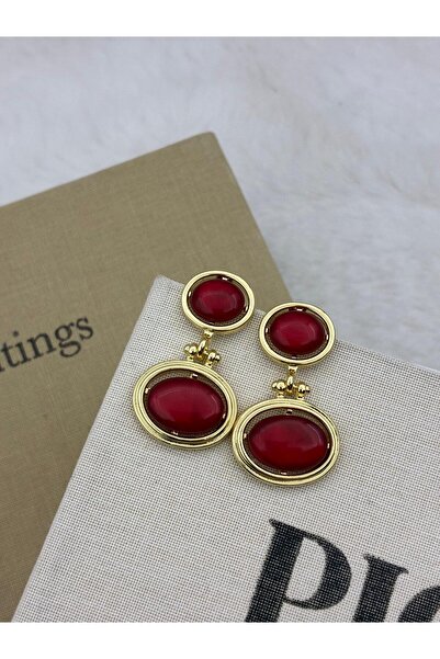 Hedef Bijuteri أقراط بتصميم متدلي على شكل بيضاوي عتيق مزينة بالحجر الأحمر والذهب