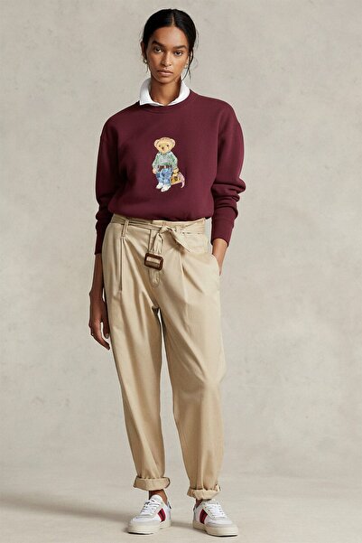 The Champ Clothing Femei supradimensionat Swea tricou Weekend Bear 3D cu imprimeu Burgundy – guler rotund , 3 fire cu broderie în relief