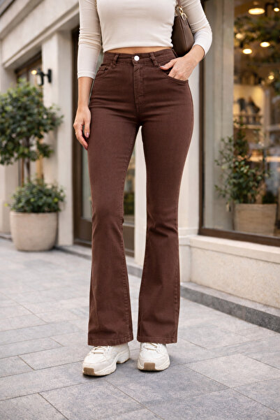 DELDNM Lina Kadın Kahverengi Yüksek Bel Likralı Rahat İspanyol Paça Jeans Flare