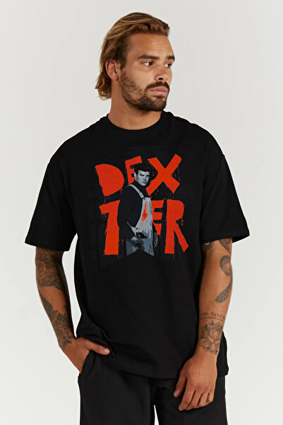 kun inaki Dexter Morgan Baskılı Oversize Kalıp Siyah Geniş Bol Kesim Erkek Ti...