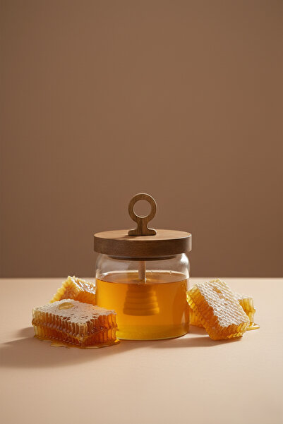 Kitchen Way وعاء عسل زجاجي من البوروسيليكات مع غطاء من خشب السنط طراز Kw-814
