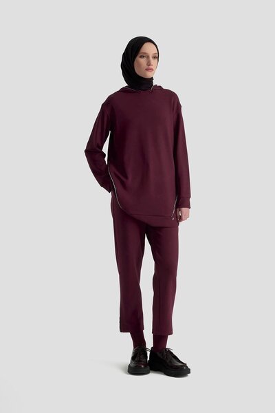 Armine Taş Detaylı Kapüşonlu İkili Spor Takım Bordo 25KT603