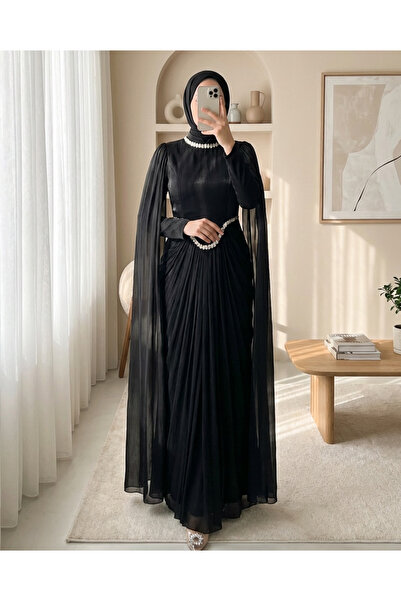 Modamorfo فستان جانجان للسهرة بتفاصيل عباءة مزينة بالأحجار على الرقبة والخصر ...