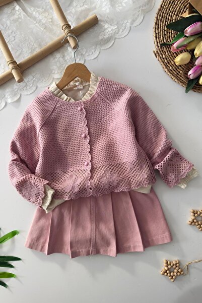 Minigimin Cicileri Set pentru fetiță cu cardigan tricotat cu flori și fustă d...