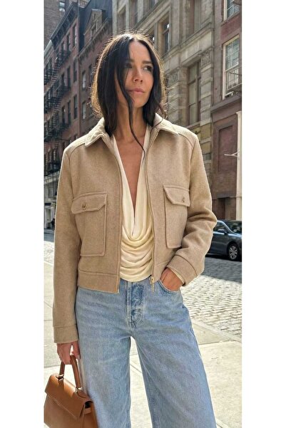 elnabutik Camel Renk Kısa Kaşe Mont Ceket ( Geniş Kalıp )