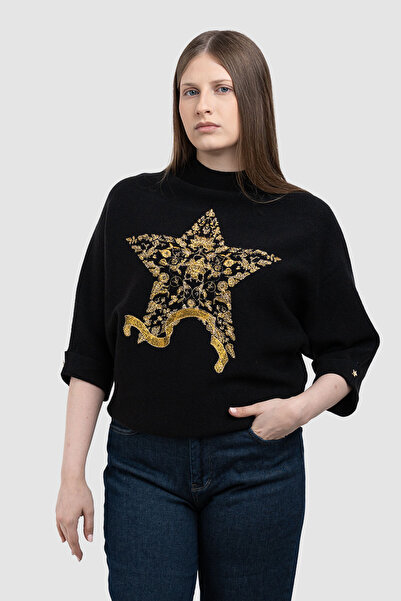 EW Pulover tricotat crem pentru femei cu imprimeu floral auriu cu stele