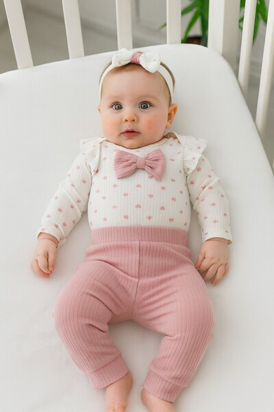 dinamik çocuk مجموعة ثلاثية للبنات الرضع بنمط القلب والقوس (بدلة بزر ضغط + سر...