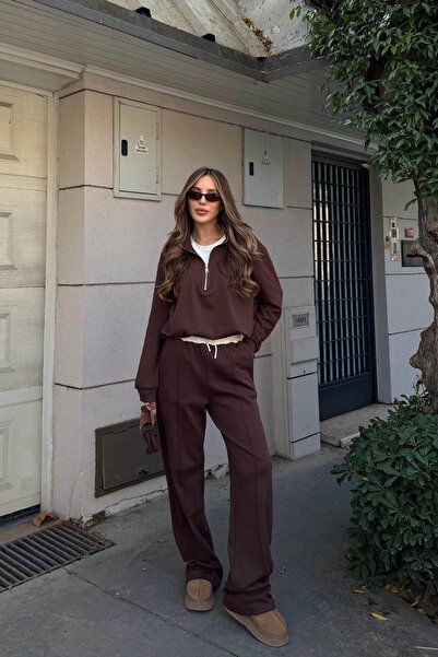 Laluvia Braunes T-Shirt mit detailliertem elastischem Bund Trainingsanzug-Set - 0740