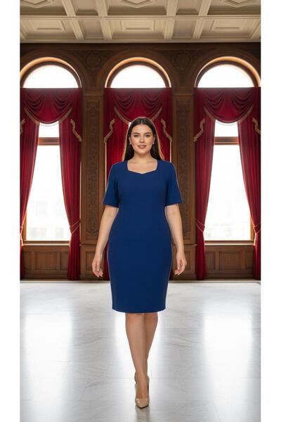 Nidya Moda Büyük Beden Kadın Saks Prizma Yaka Krep Abiye Elbise-4165SX