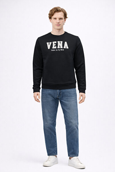 VENA Men's Crew Neck Logo Printed Sweatshirt 100% Cotton - Black