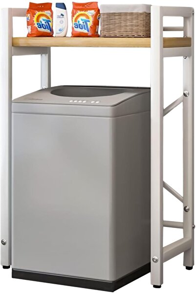 ROCKCAMEL رف غسالة، رف تخزين معدني وخشب، منظمات غسيل، أرفف حمام