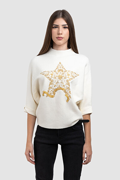 EW Pulover tricotat crem pentru femei cu imprimeu floral auriu cu stele