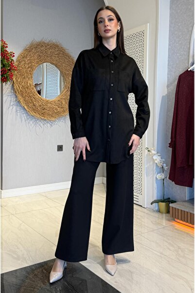 Doque Kadife Kumaş Yakalı Pantolonlu İkili Takım - Siyah