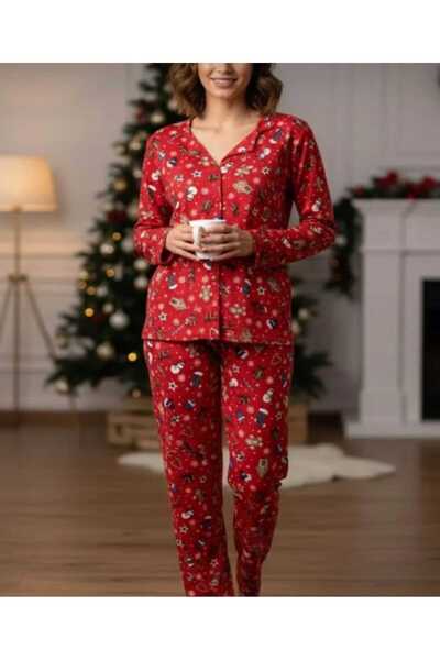 aytenli Polo Neck Front Buttoned Lightweight Flowy Top Elastic Waist Sized Christmas Pattern Thin Suede Pajama Set