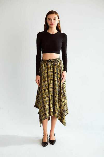 Robin M39167 Kemerli Ekose Midi Etek Olive