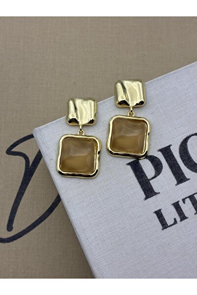 Hedef Bijuteri Beige Brown Toned Square Stone Gold Detailed Dangle Design Earrings