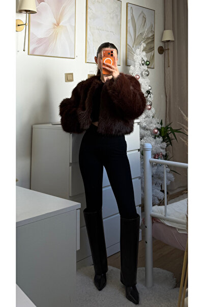 Die&More Kahve Peluş Crop Kürk Ceket