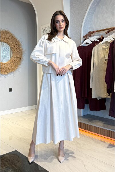 Puane Kotton Etekli Ceketli Çift Cepli İkili Takım - Bej