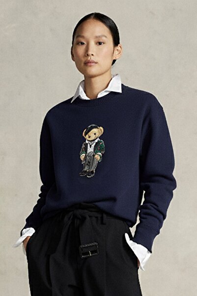 The Champ Clothing سويت شيرت نسائي قصة فضفاضة باريسيان بير 3D مطبوع أزرق داكن – ياقة دائرية، 3 خيوط مزخرفة