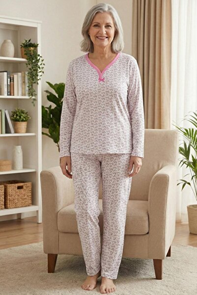 Niket Life Women's Patterned Piping Collar Long Sleeve Long Length Combed Cotton Mother Pajama Set