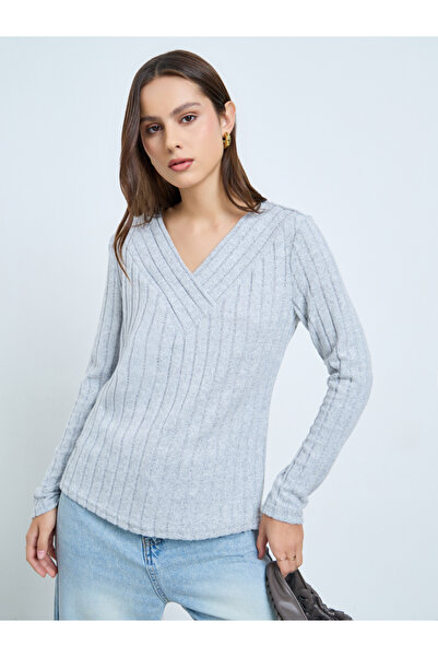 Take Two By Styli Grey Ribbed V-Neck Long Sleeve Top