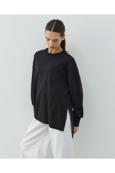 Aybikestil Penye İnterlok Fresh Yırtmaçlı Bluz Siyah
