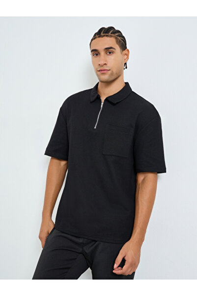 Styli Men Waffle Knit Quarter Zip Oversized Polo