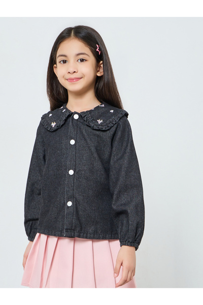 Styli Girls Black Denim Shirt with Embroidered Collar