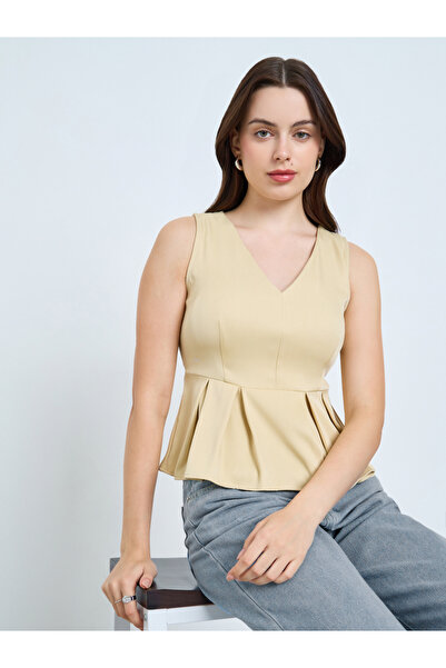 Styli Beige V-Neck Sleeveless Peplum Top