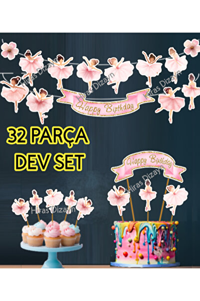 Hiras Dizayn 32 Parça Balerin Temalı Happy Birthday Doğum Günü Süsü Banner Pa...