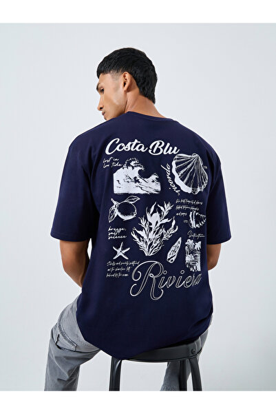 Styli Men Navy Blue Graphic Print Oversized T-Shirt