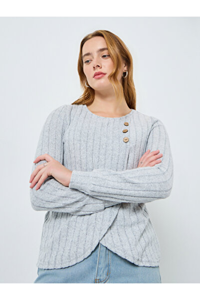 Take Two By Styli Women Grey Button Side Detail Ribbed Top