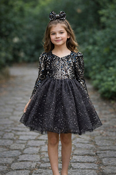 lunavella Girl's Black Evening Dress – Sequined Velvet Top with Sparkling Org...