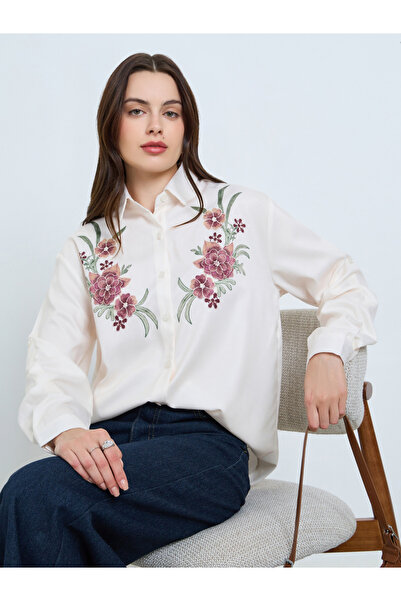 Styli Beige Floral Embroidered Long Sleeve Shirt