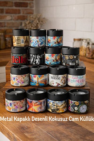 Entude Metal Kapaklı Cam Kokusuz Küllük – Karışık Desenli, Yanmaz Kapaklı Dek...