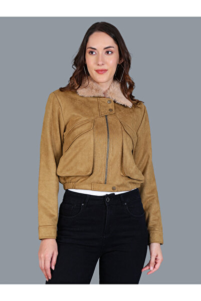 Fort Collins By Styli Women Beige Faux Suede Jacket with Fur Collar